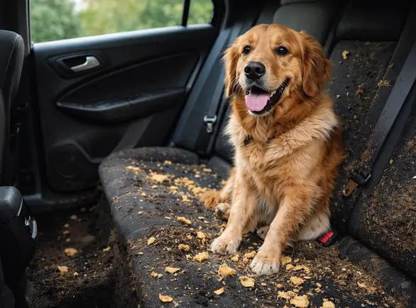 Intérieur de voiture très sale avec un chien et des salissures, illustrant un nettoyage spécifique pour imprévus du quotidien chez JP Wash.